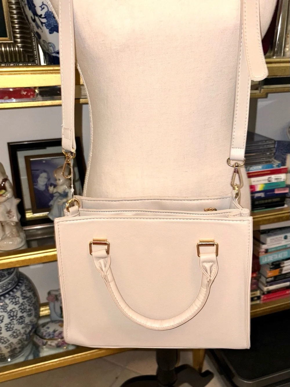 bebe Cream Quilted Satchel with Gold Hardware and Strap